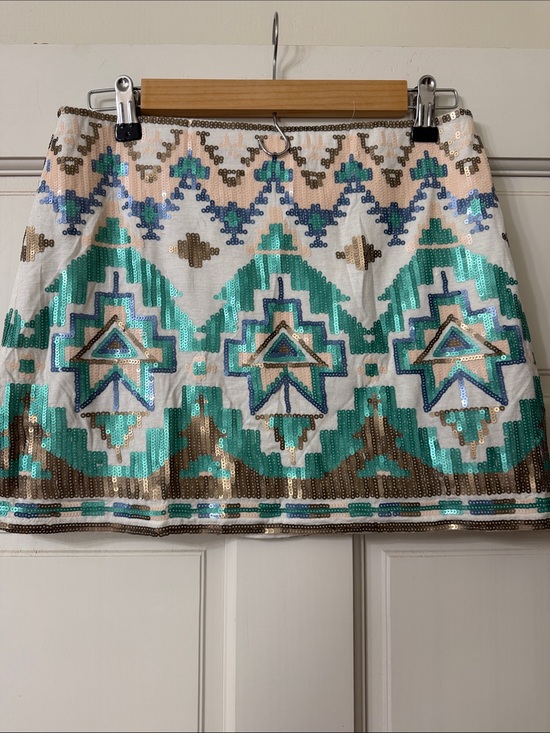By Together Dresses & Skirts - By Together White Sequin Mini Skirt with Teal, Aqua & Gold Embroidery